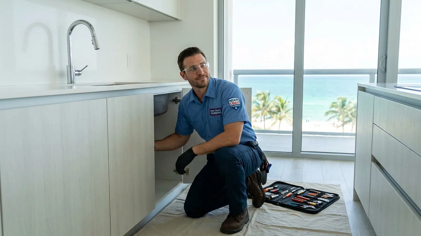 Licensed Miami and Miami Beach plumber and AC technician working in a modern condo mechanical room